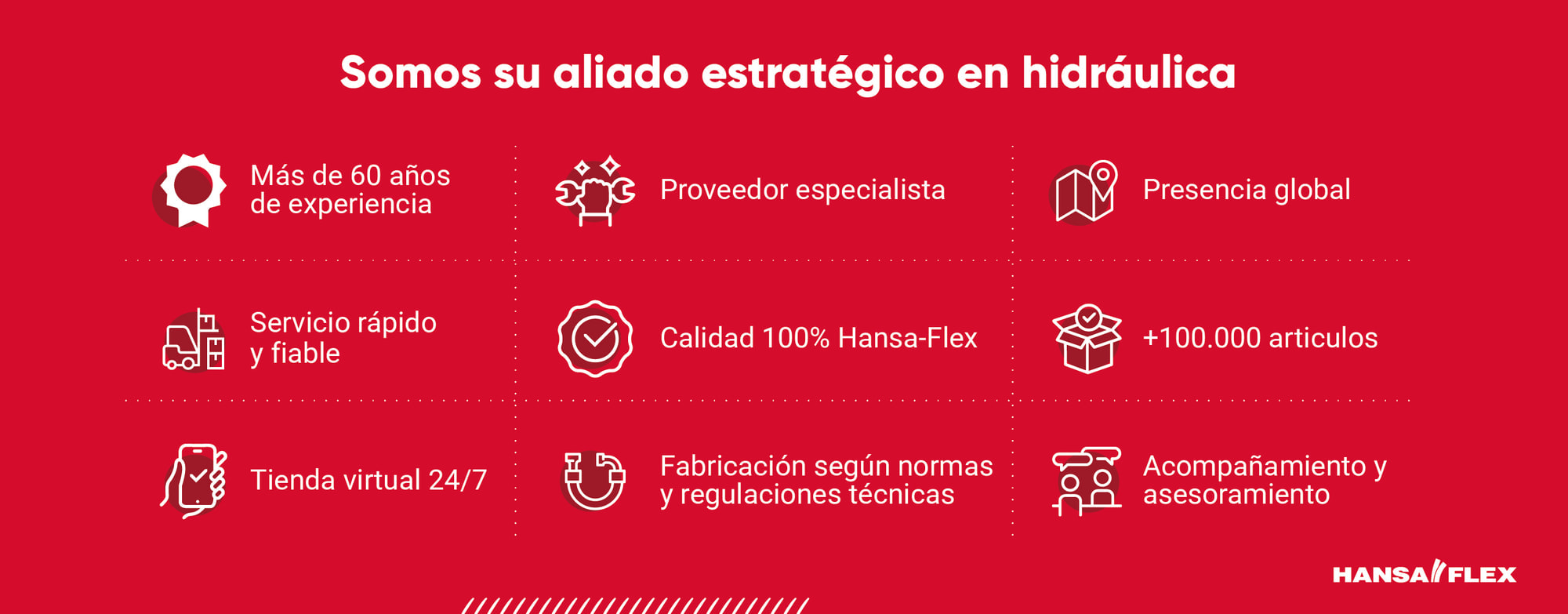 HANSA-FLEX, your strategic partner in hydraulics: over 60 years of experience, specialist supplier, global presence, fast and reliable service, 100% HANSA-FLEX quality, more than 100,000 items, 24/7 online shop, manufacturing to technical standards and regulations, and ongoing support and advice
